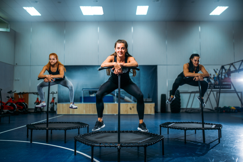 Three supermodels take on 3 trampolines at the same time